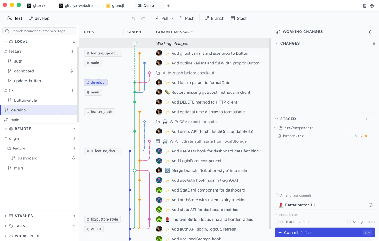 Gitoryx commit graph showing color-coded branch lanes, merge nodes, and commit history