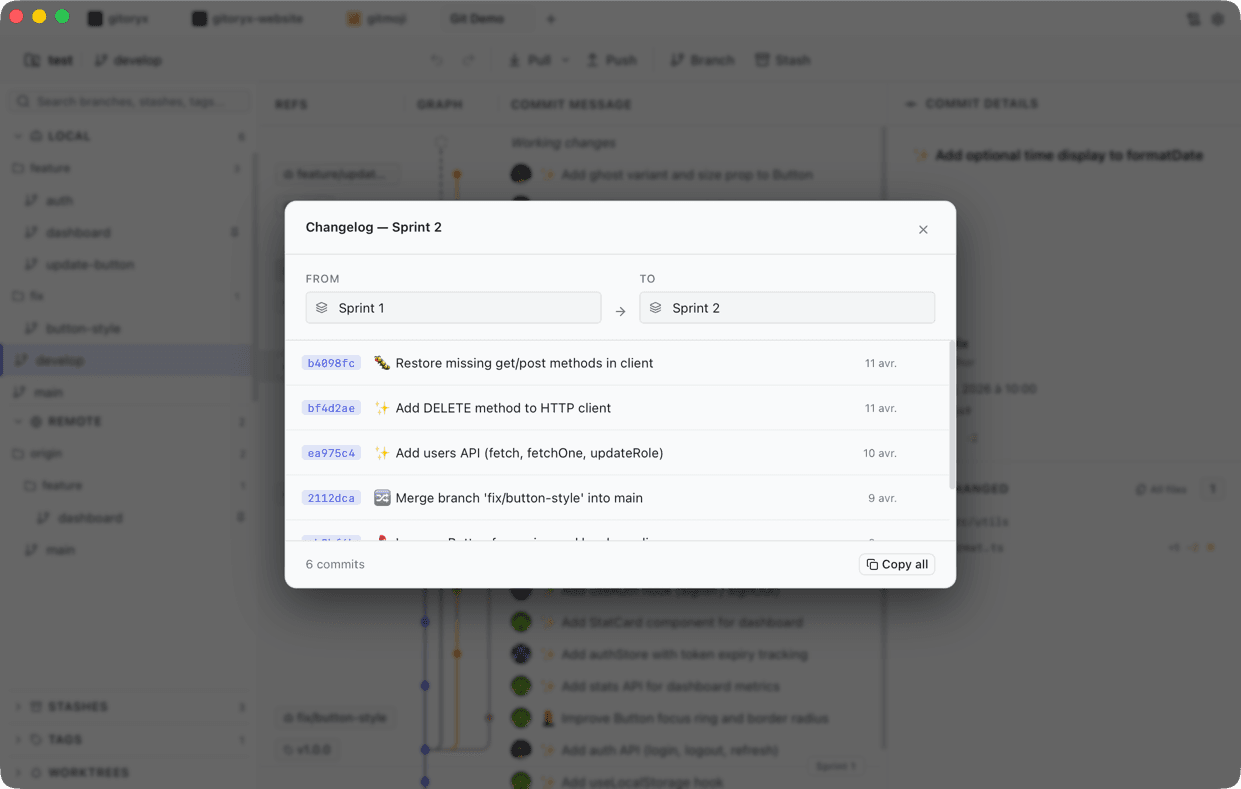 Gitoryx branch sidebar with GitFlow structure showing feature, release, and hotfix branches