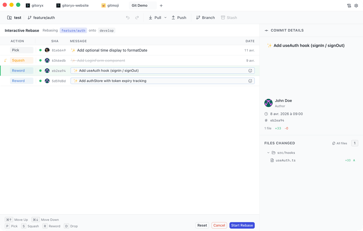 Gitoryx interactive rebase panel with drag-and-drop commit list and squash controls